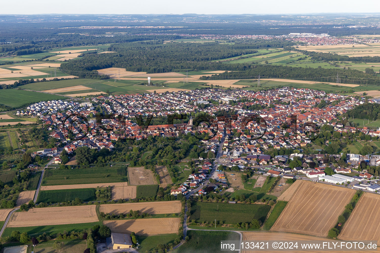 District Liedolsheim in Dettenheim in the state Baden-Wuerttemberg, Germany seen from above