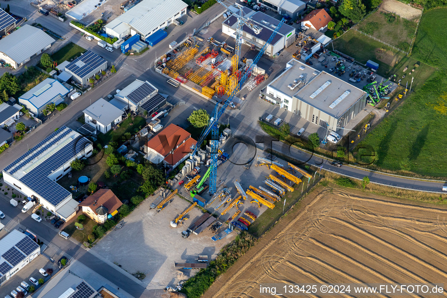 Aerial view of SCHWAB GmbH in the Liedolsheim industrial area SW in the district Liedolsheim in Dettenheim in the state Baden-Wuerttemberg, Germany