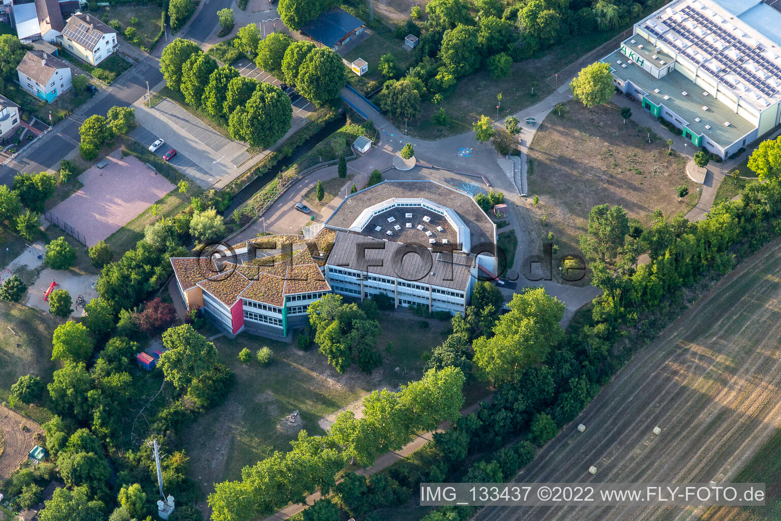 Aerial view of Adolf-Kußmaul-School in the district Graben in Graben-Neudorf in the state Baden-Wuerttemberg, Germany