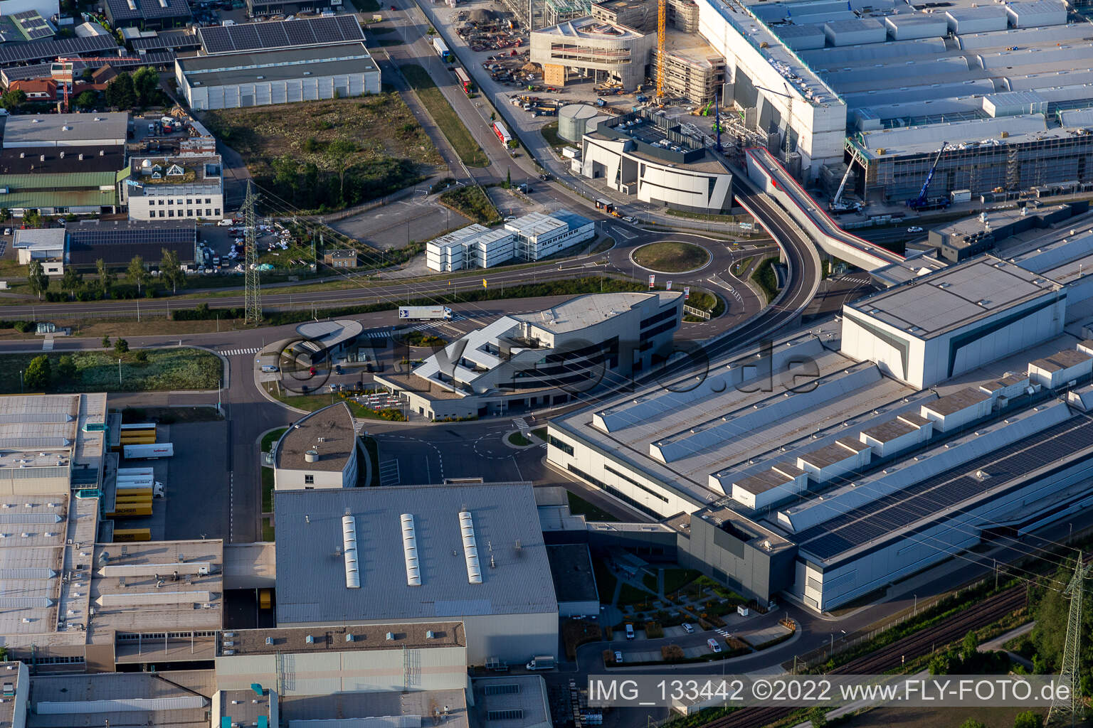 SEW-EURODRIVE GmbH & Co KG – manufacturing plant and SCC mechanics/mechatronics in the district Graben in Graben-Neudorf in the state Baden-Wuerttemberg, Germany seen from above