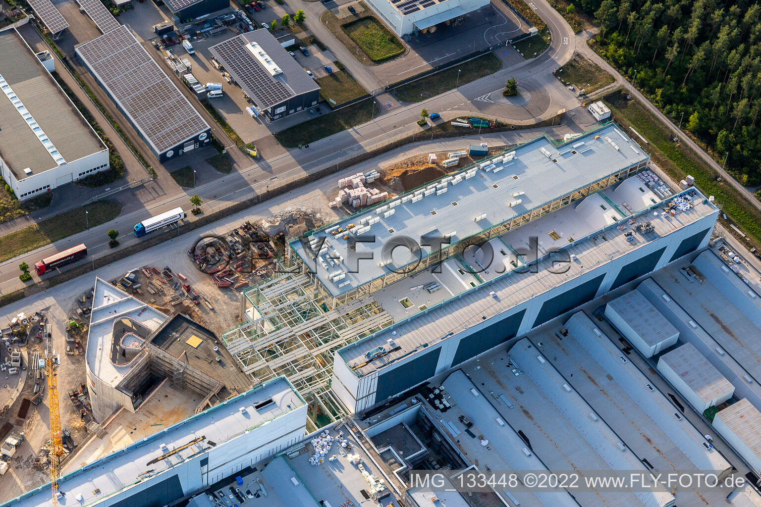 Aerial view of New building SEW-EURODRIVE GmbH & Co KG – production plant and SCC mechanics/mechatronics in the district Graben in Graben-Neudorf in the state Baden-Wuerttemberg, Germany