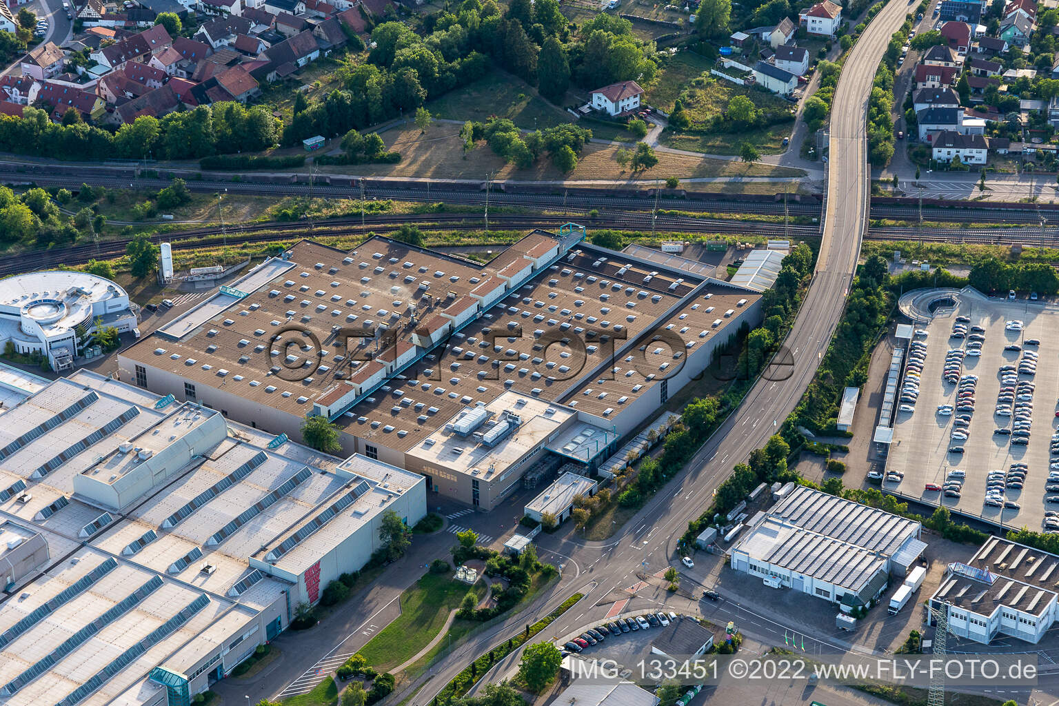 SEW-EURODRIVE GmbH & Co KG – manufacturing plant and SCC mechanics/mechatronics in the district Graben in Graben-Neudorf in the state Baden-Wuerttemberg, Germany from the drone perspective
