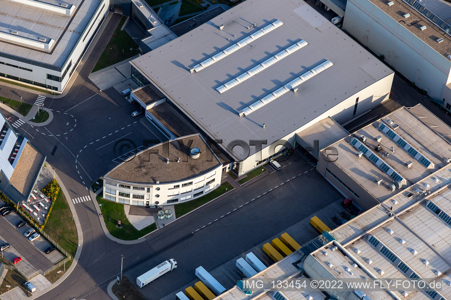 SEW-EURODRIVE GmbH & Co KG – manufacturing plant and SCC mechanics/mechatronics in the district Graben in Graben-Neudorf in the state Baden-Wuerttemberg, Germany seen from a drone