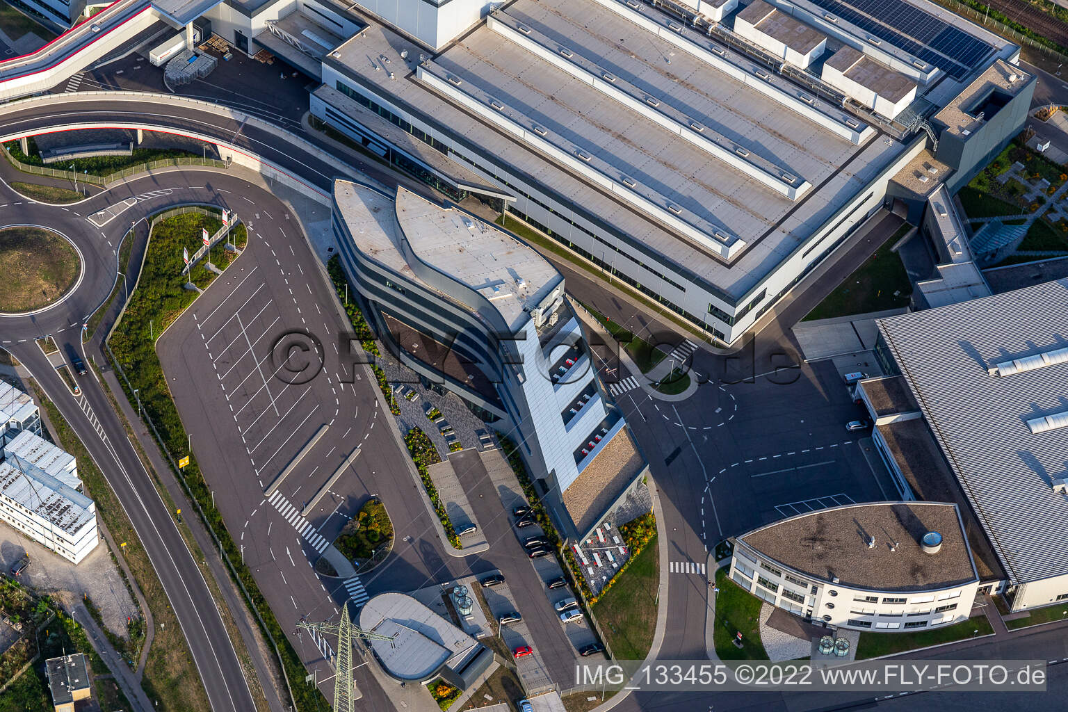 Aerial view of SEW-EURODRIVE GmbH & Co KG – manufacturing plant and SCC mechanics/mechatronics in the district Graben in Graben-Neudorf in the state Baden-Wuerttemberg, Germany