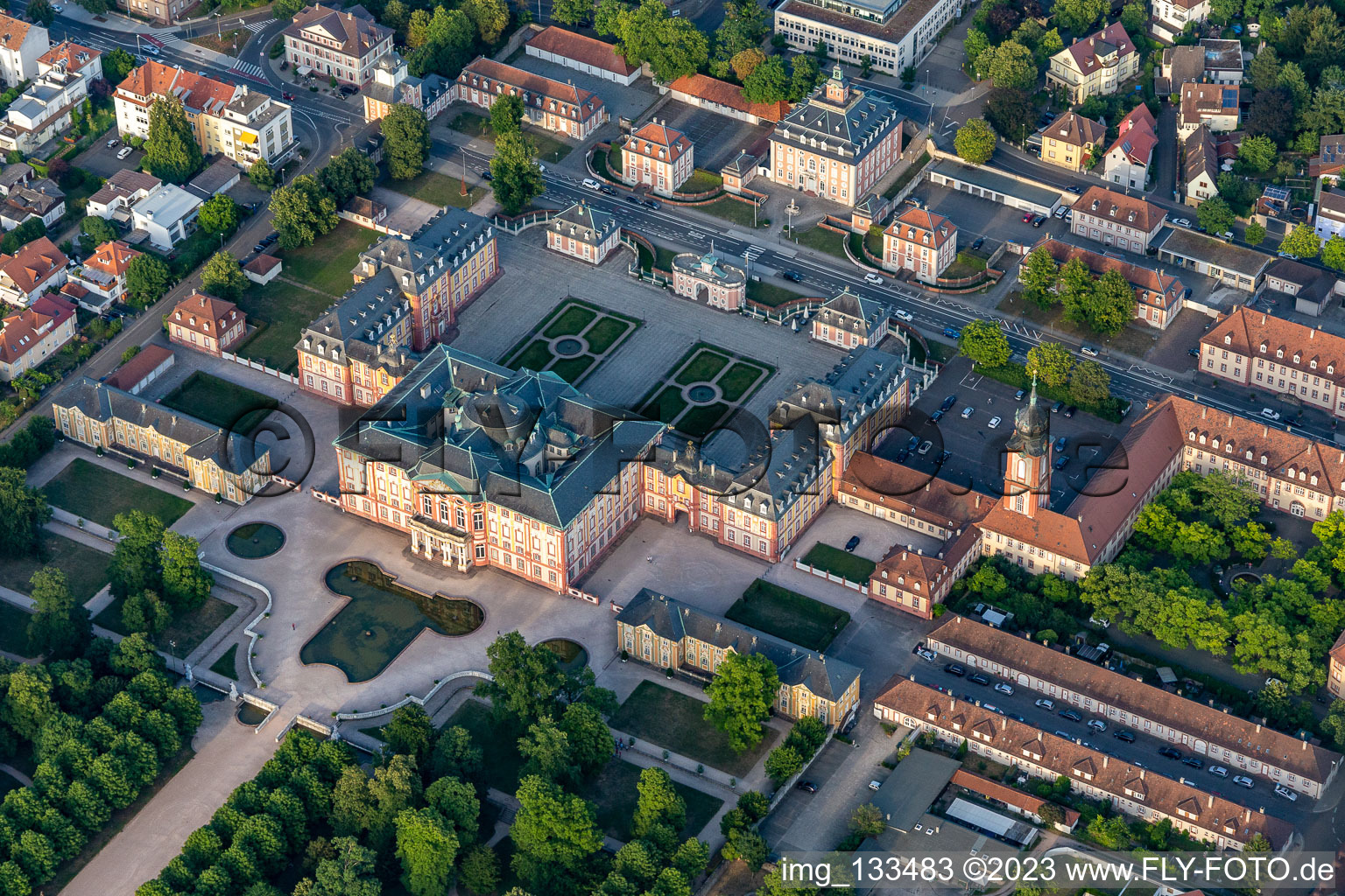 Aerial photograpy of Castle and castle garden Bruchsal in Bruchsal in the state Baden-Wuerttemberg, Germany