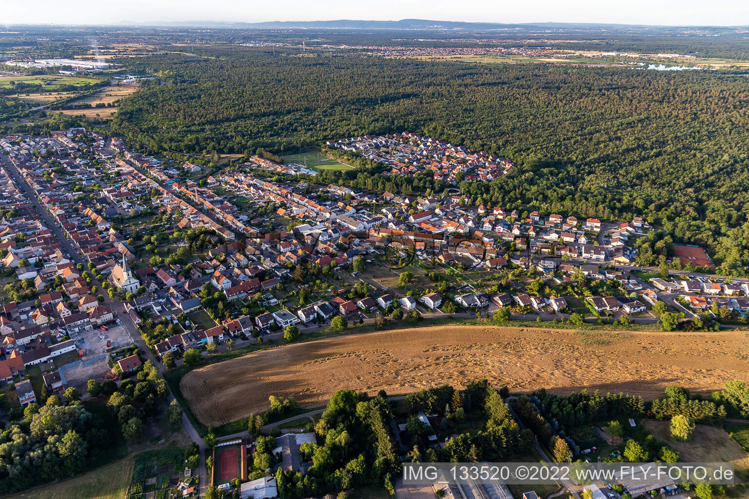 Aerial view of District Huttenheim in Philippsburg in the state Baden-Wuerttemberg, Germany