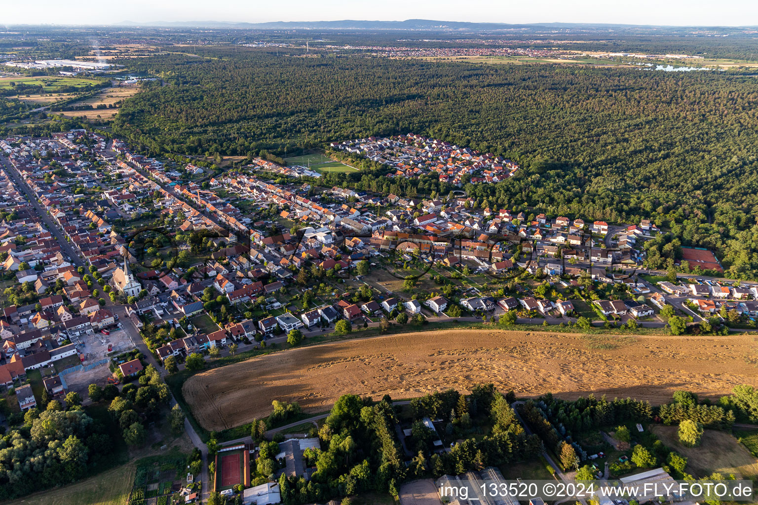 Aerial view of District Huttenheim in Philippsburg in the state Baden-Wuerttemberg, Germany