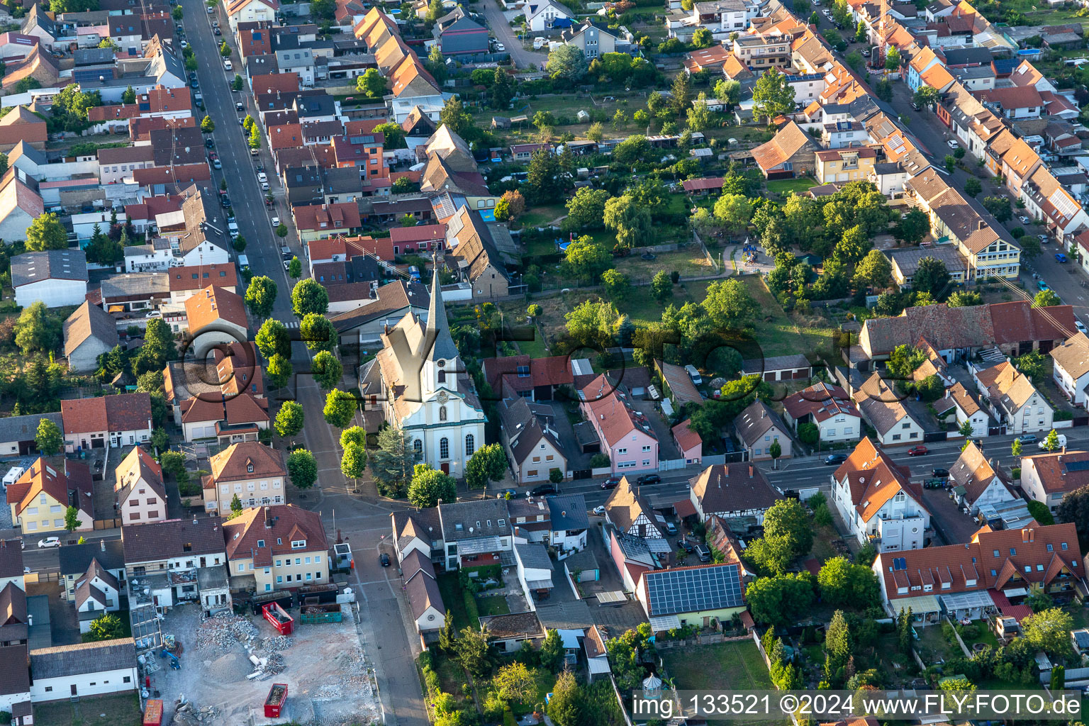 Aerial view of St. Peter in Huttenheim in the district Huttenheim in Philippsburg in the state Baden-Wuerttemberg, Germany