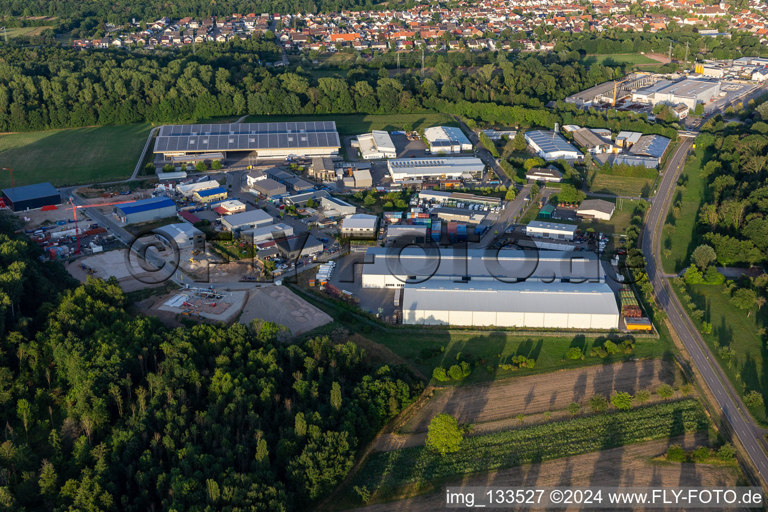 Aerial view of Industrial area in Horrenfeld Huttenheim in the district Huttenheim in Philippsburg in the state Baden-Wuerttemberg, Germany