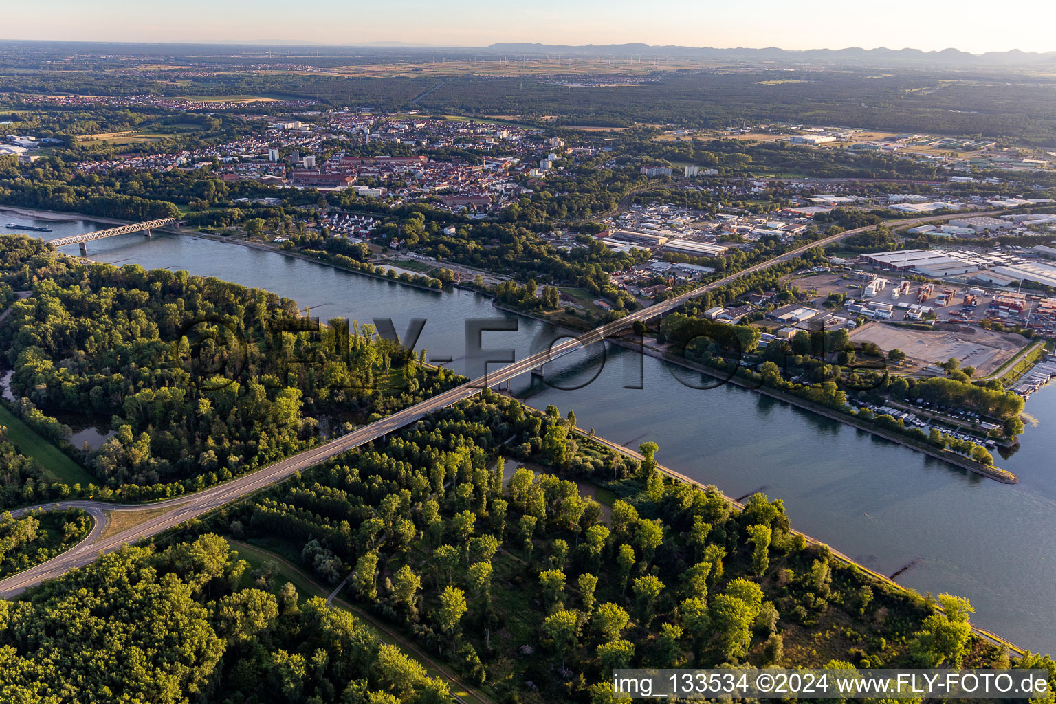 B35 Rhine Bridge and Rhine Harbour Germersheim in Germersheim in the state Rhineland-Palatinate, Germany