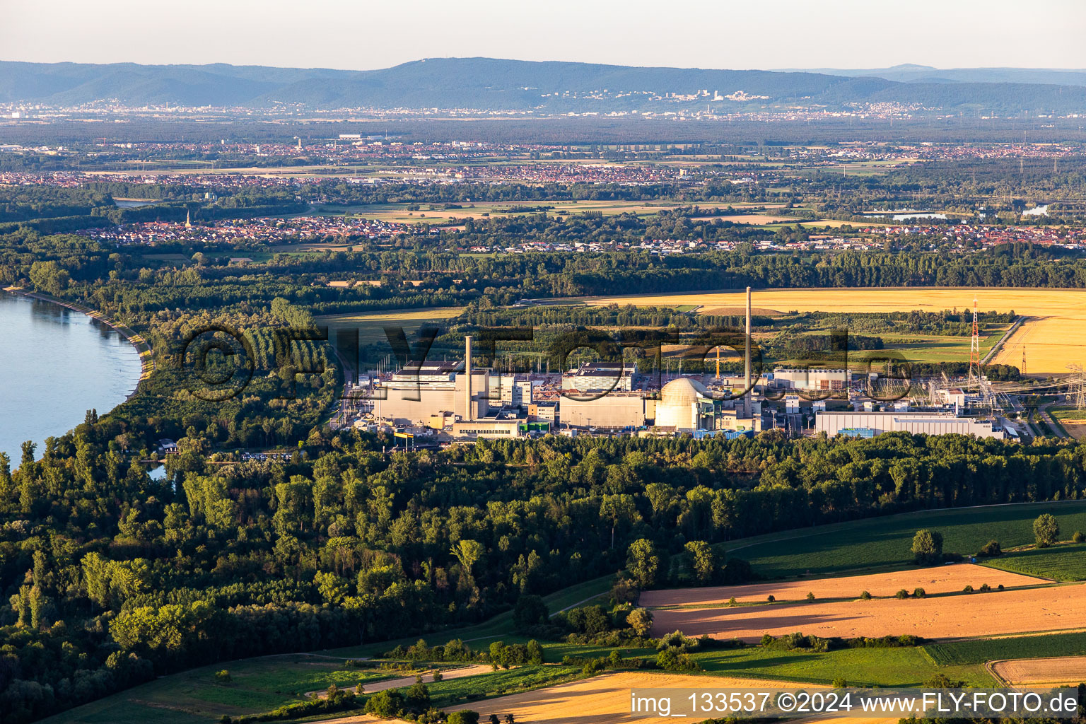 Aerial view of TransnetBW GmbH, direct current substation on the site of the former EnBW Kernkraft GmbH (EnKK), Philippsburg in Philippsburg in the state Baden-Wuerttemberg, Germany