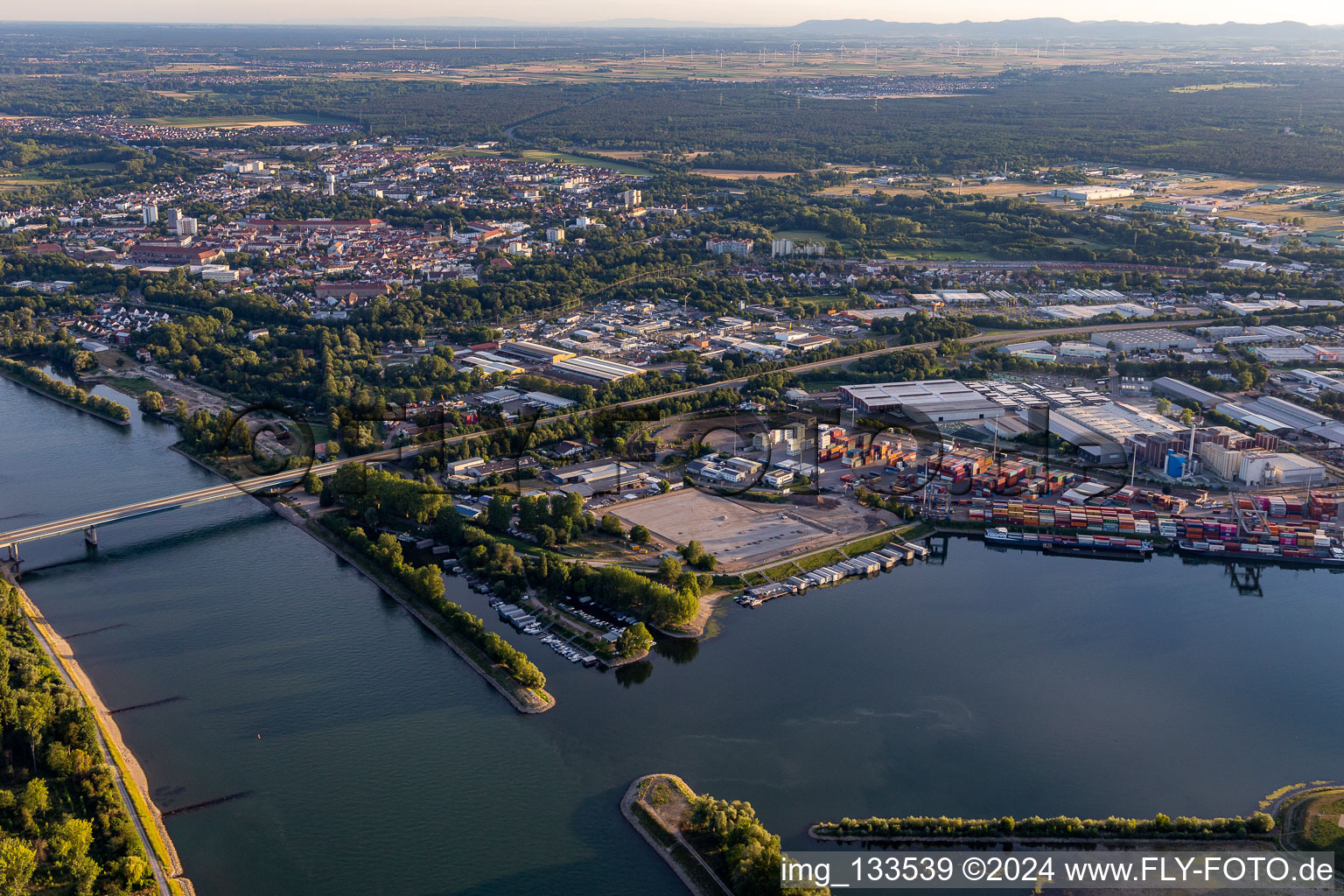 Aerial view of B35 Rhine Bridge and Rhine Harbour Germersheim in Germersheim in the state Rhineland-Palatinate, Germany