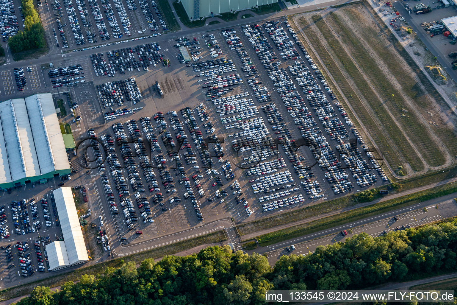 Aerial view of Mercedes-Benz Global Logistics Center on the island of Green in Germersheim in the state Rhineland-Palatinate, Germany