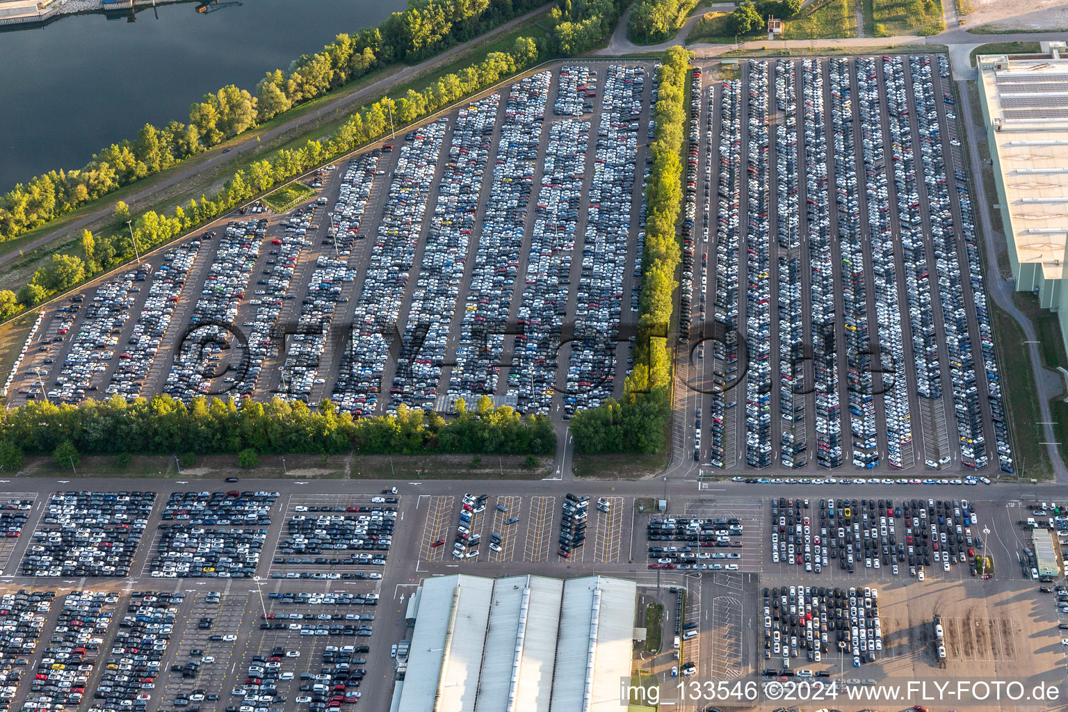 Aerial photograpy of Mercedes-Benz Global Logistics Center on the island of Grün in Germersheim in the state Rhineland-Palatinate, Germany