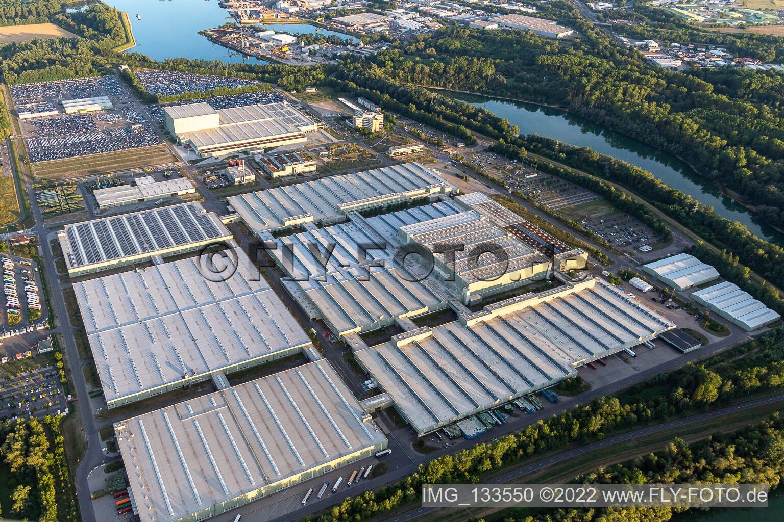 Oblique view of Mercedes-Benz Global Logistics Center on the island of Grün in Germersheim in the state Rhineland-Palatinate, Germany