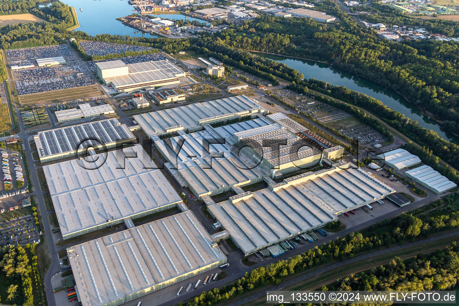 Oblique view of Mercedes-Benz Global Logistics Center on the island of Green in Germersheim in the state Rhineland-Palatinate, Germany