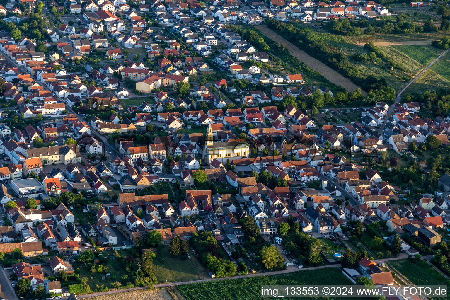 Aerial view of St. Martin in Lingenfeld in the state Rhineland-Palatinate, Germany