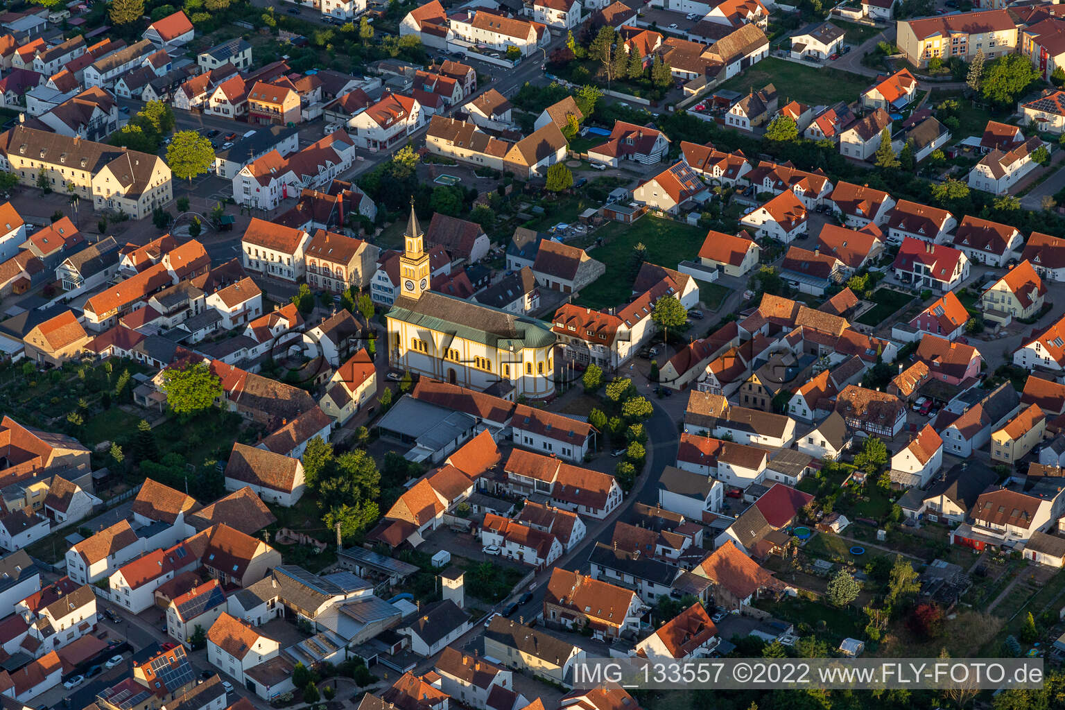 Aerial photograpy of St. Martinus in Lingenfeld in the state Rhineland-Palatinate, Germany
