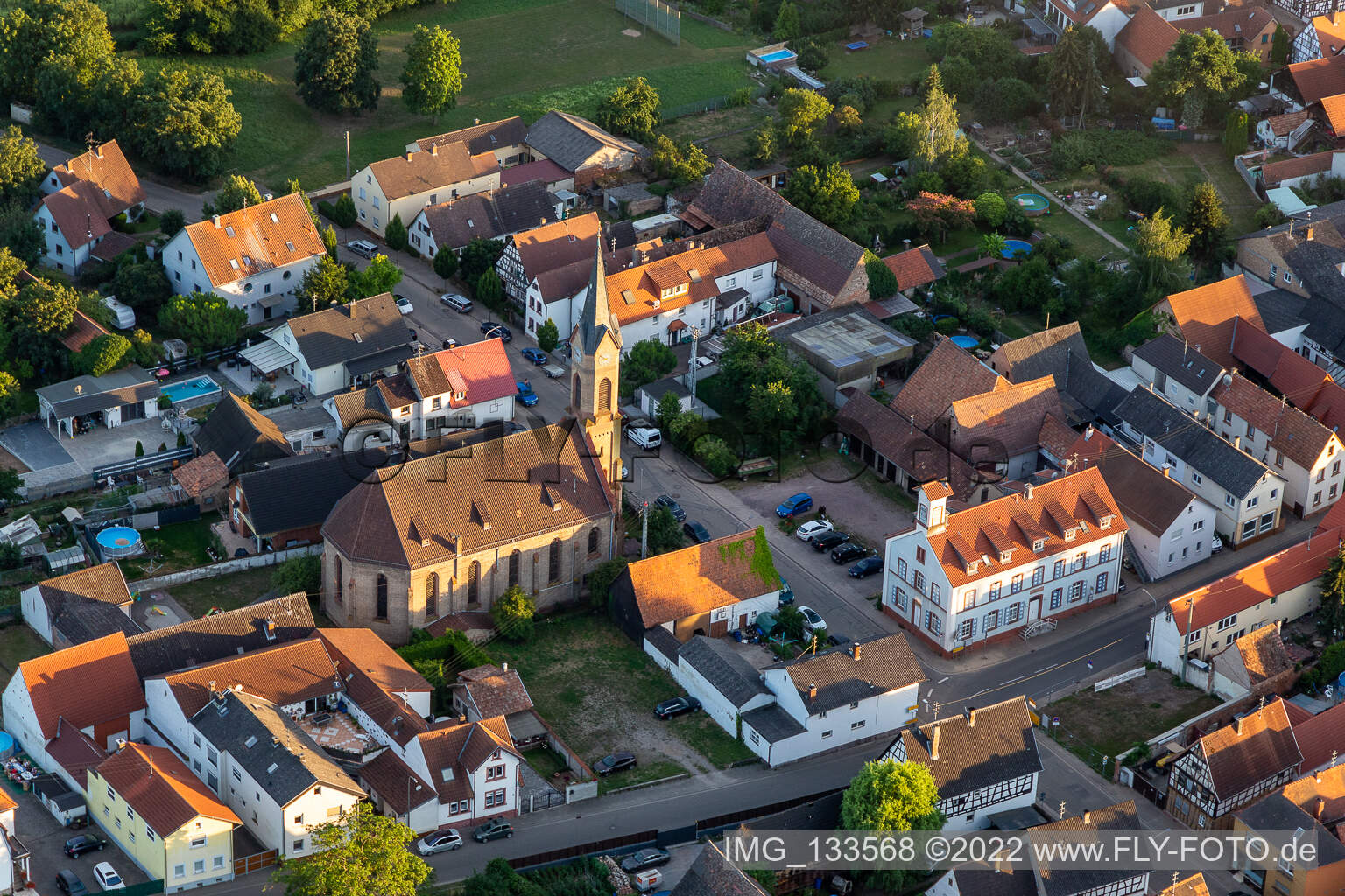 Aerial view of Christ Church - Prot. Parish Lustadt in Lustadt in the state Rhineland-Palatinate, Germany