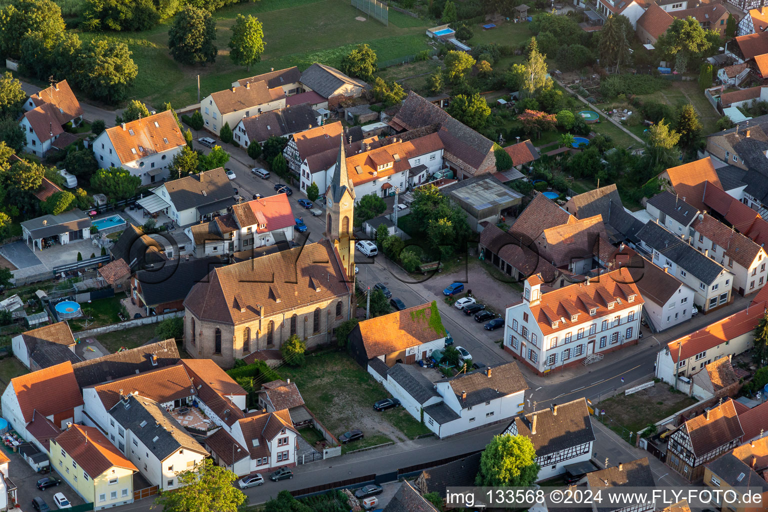 Aerial view of Christ Church - Protestant Parish Lustadt in the district Niederlustadt in Lustadt in the state Rhineland-Palatinate, Germany