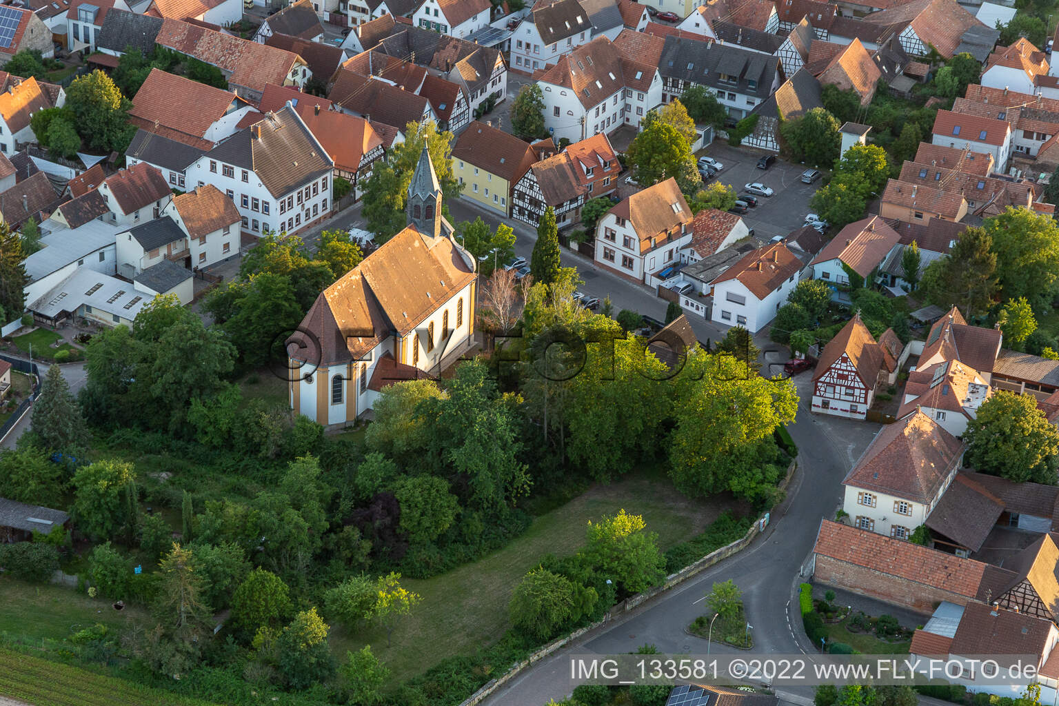 Aerial view of St. Bartholomew in Zeiskam in the state Rhineland-Palatinate, Germany