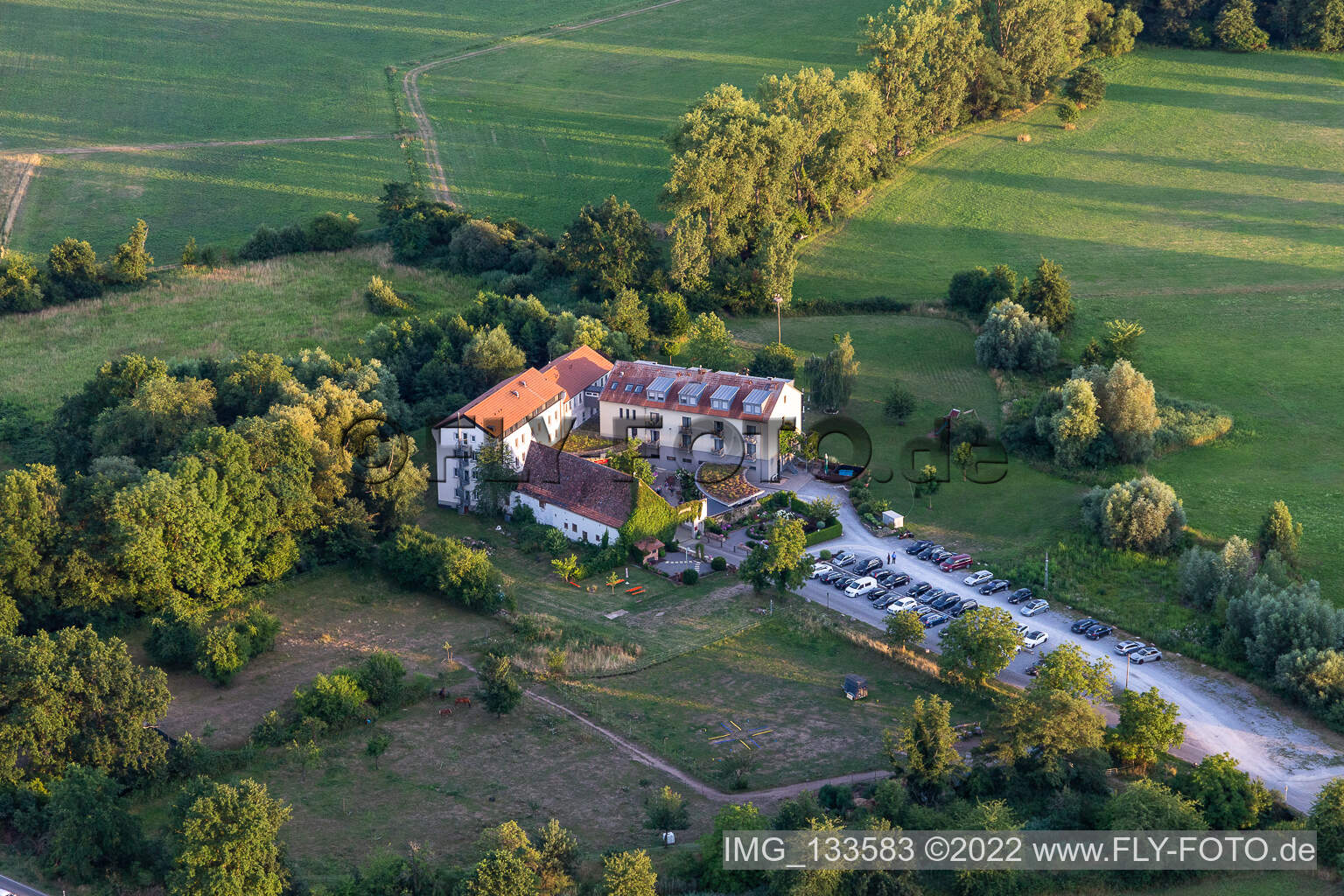 Aerial photograpy of Hotel Zeiskamer Mühle in Zeiskam in the state Rhineland-Palatinate, Germany