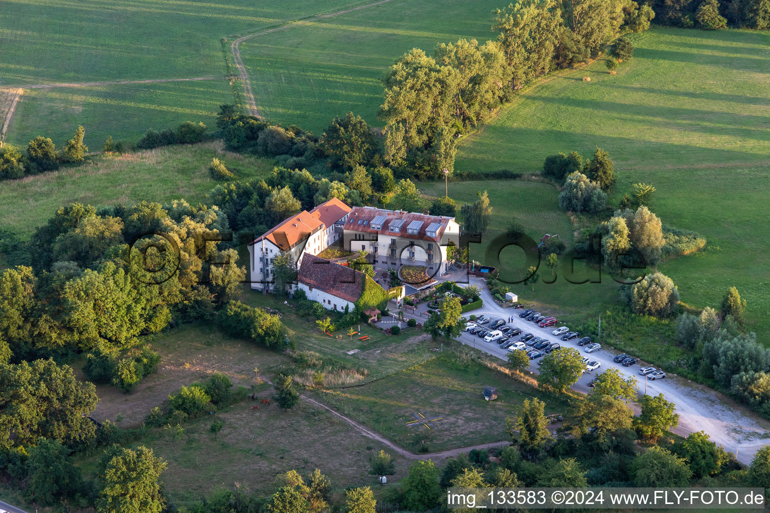 Aerial photograpy of Hotel Zeiskamer Mühle in Zeiskam in the state Rhineland-Palatinate, Germany