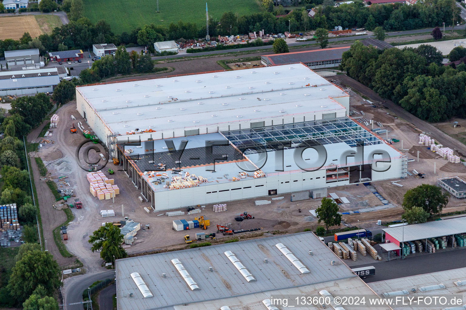 Aerial view of Extension of new Hornbach central warehouse in the district Dreihof in Essingen in the state Rhineland-Palatinate, Germany