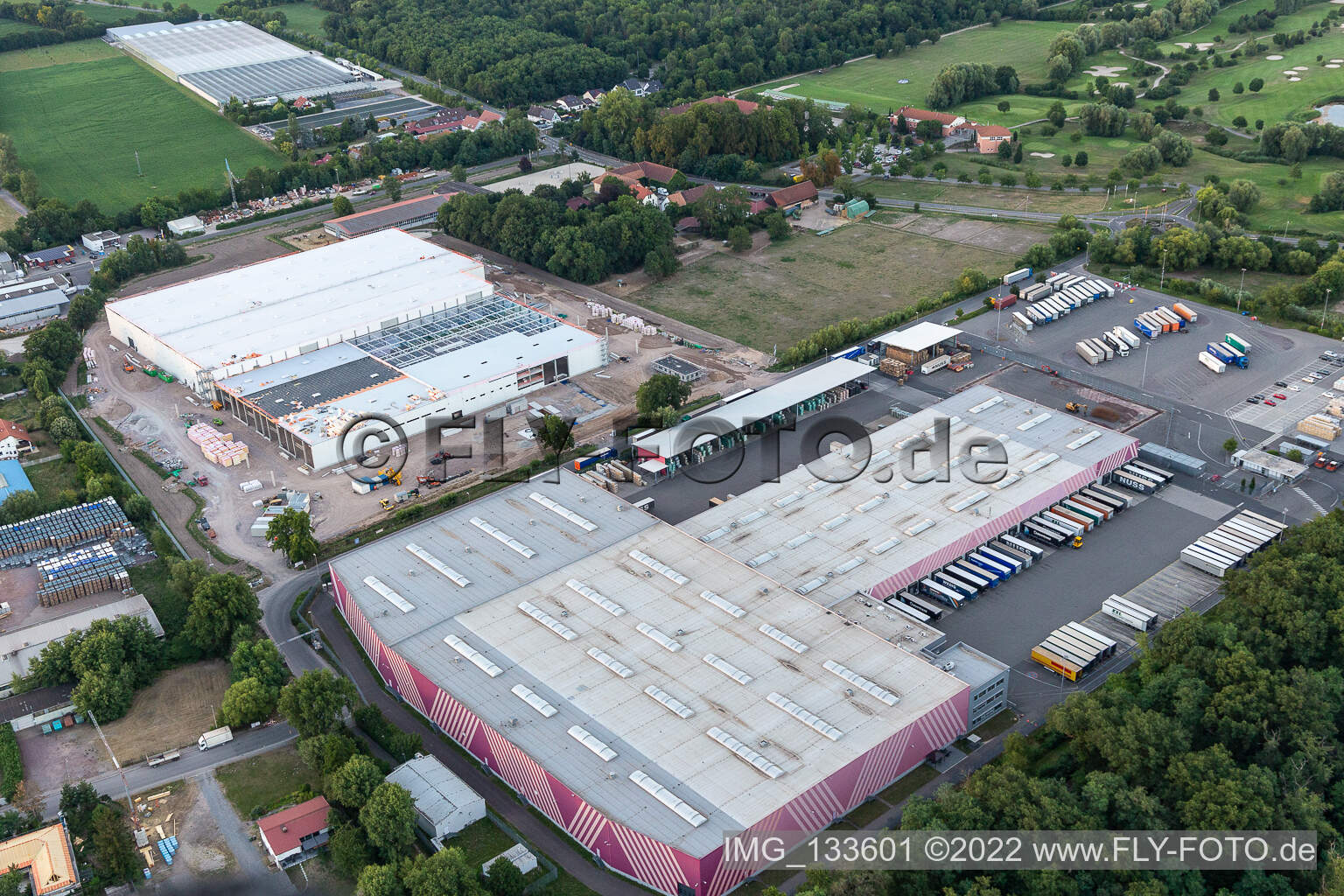 Aerial photograpy of Extension of new Hornbach central warehouse in the district Dreihof in Essingen in the state Rhineland-Palatinate, Germany