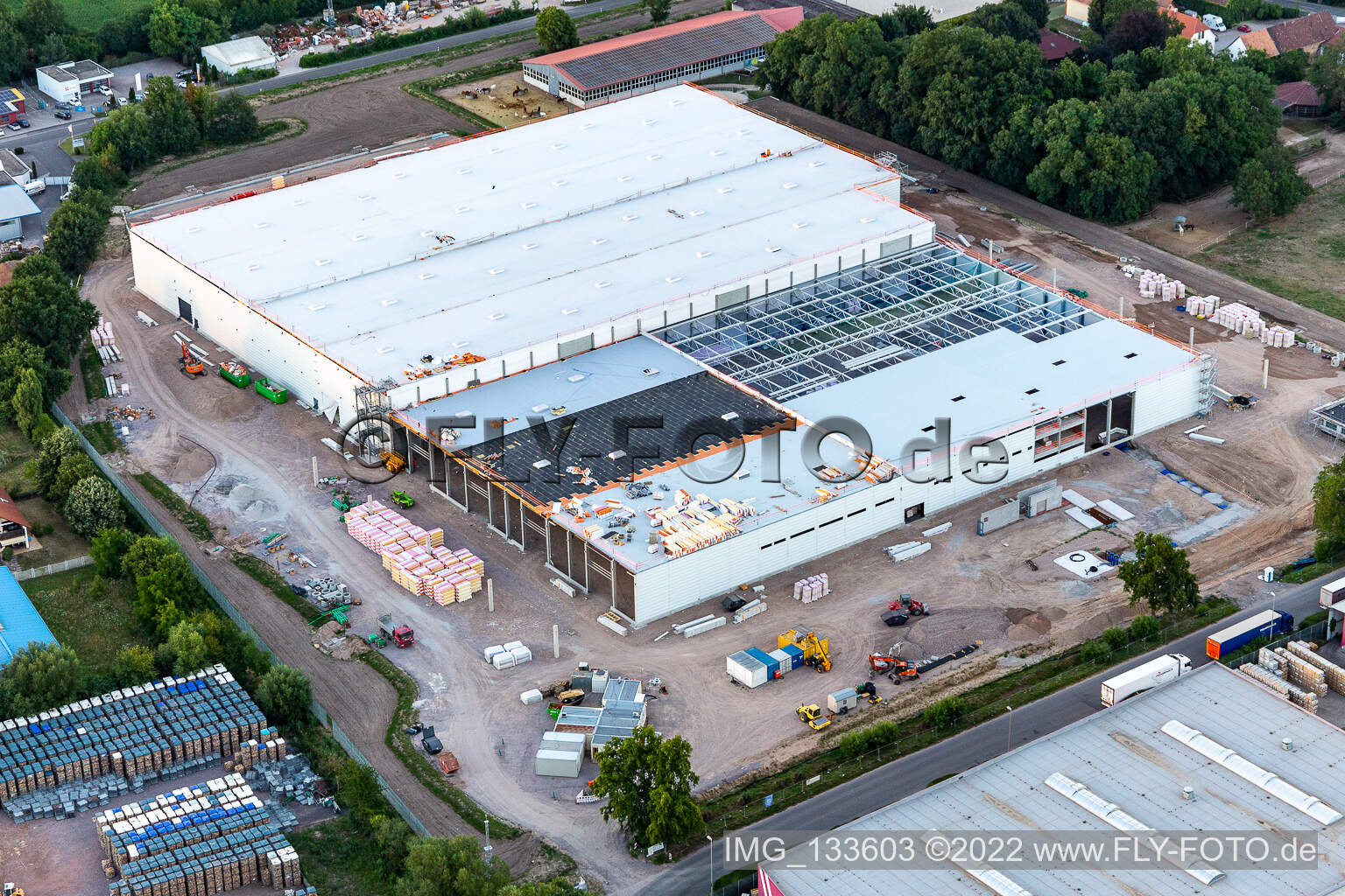 Oblique view of Expansion of the new Hornbach central warehouse building in Essingen in the state Rhineland-Palatinate, Germany