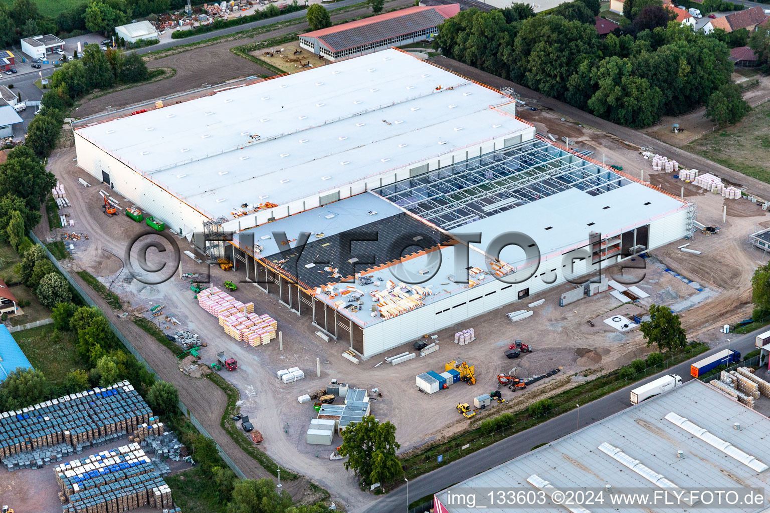 Oblique view of Extension of new Hornbach central warehouse in the district Dreihof in Essingen in the state Rhineland-Palatinate, Germany