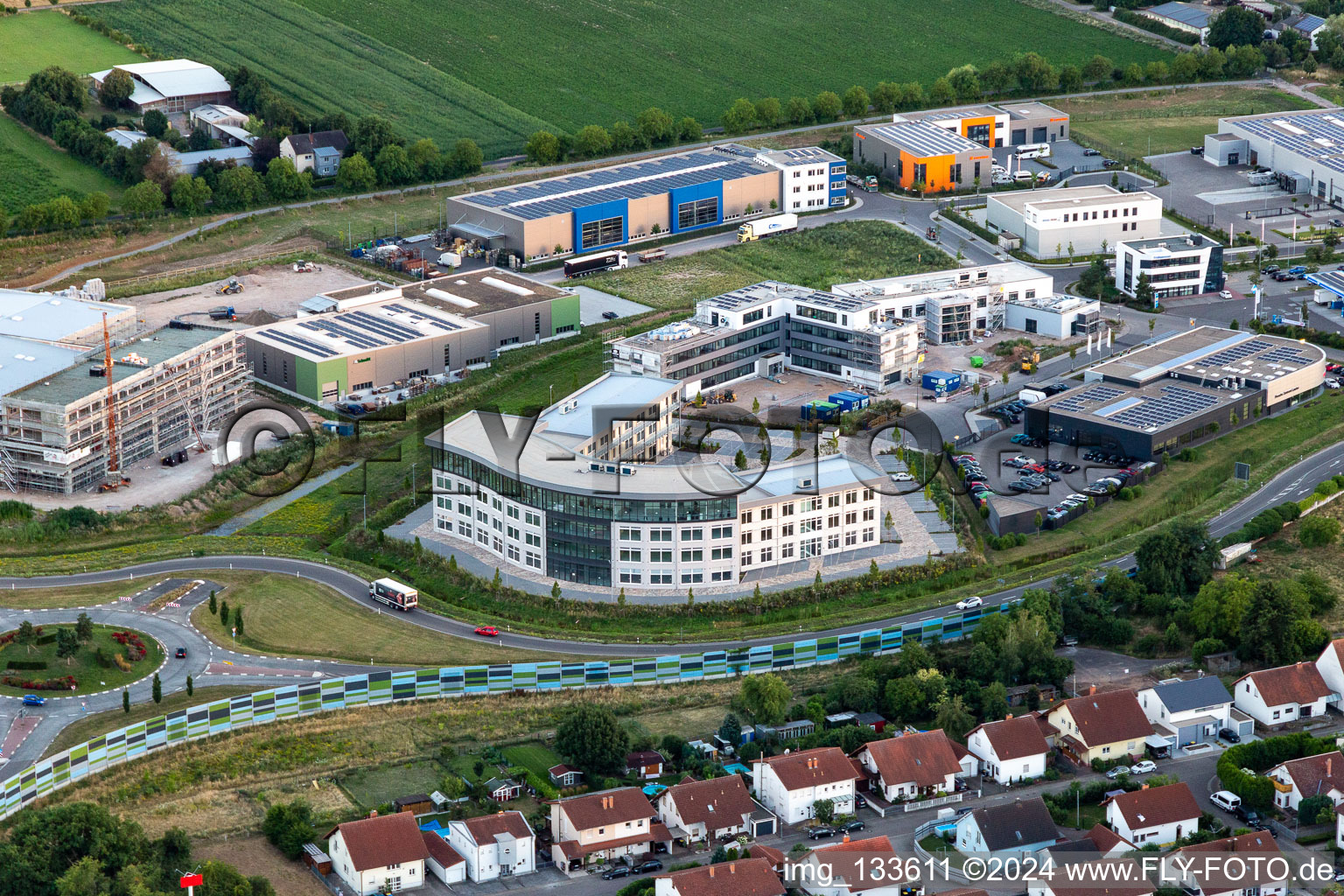 Business park at the exhibition grounds in the district Queichheim in Landau in der Pfalz in the state Rhineland-Palatinate, Germany from above