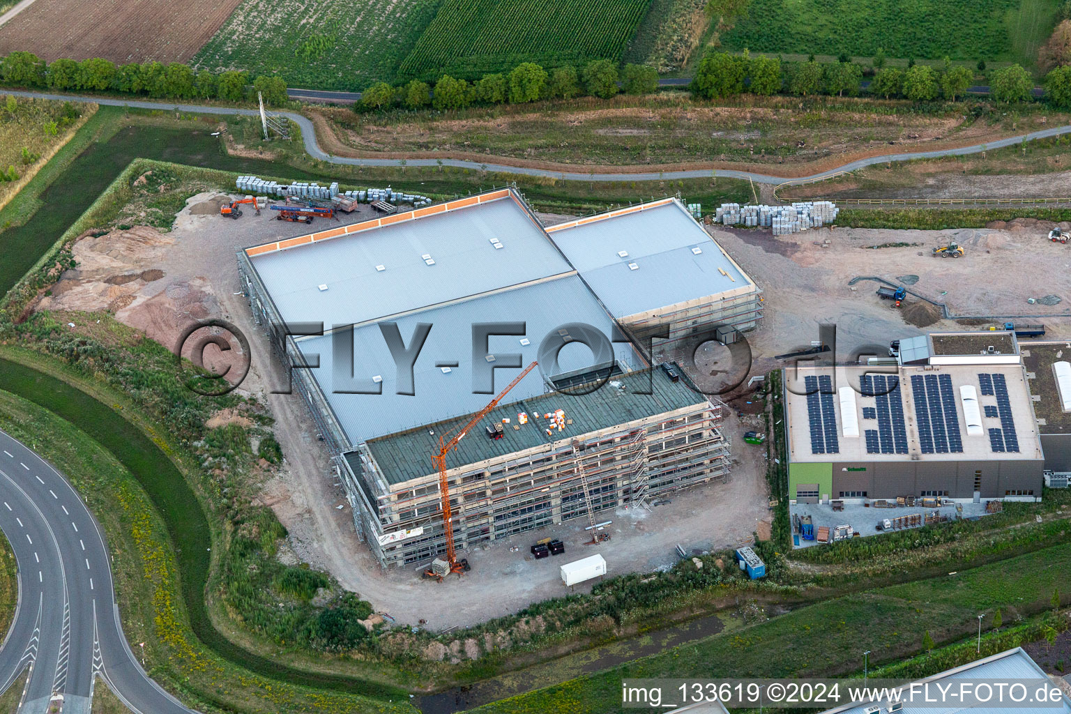 Business park at the exhibition grounds in the district Queichheim in Landau in der Pfalz in the state Rhineland-Palatinate, Germany from the plane