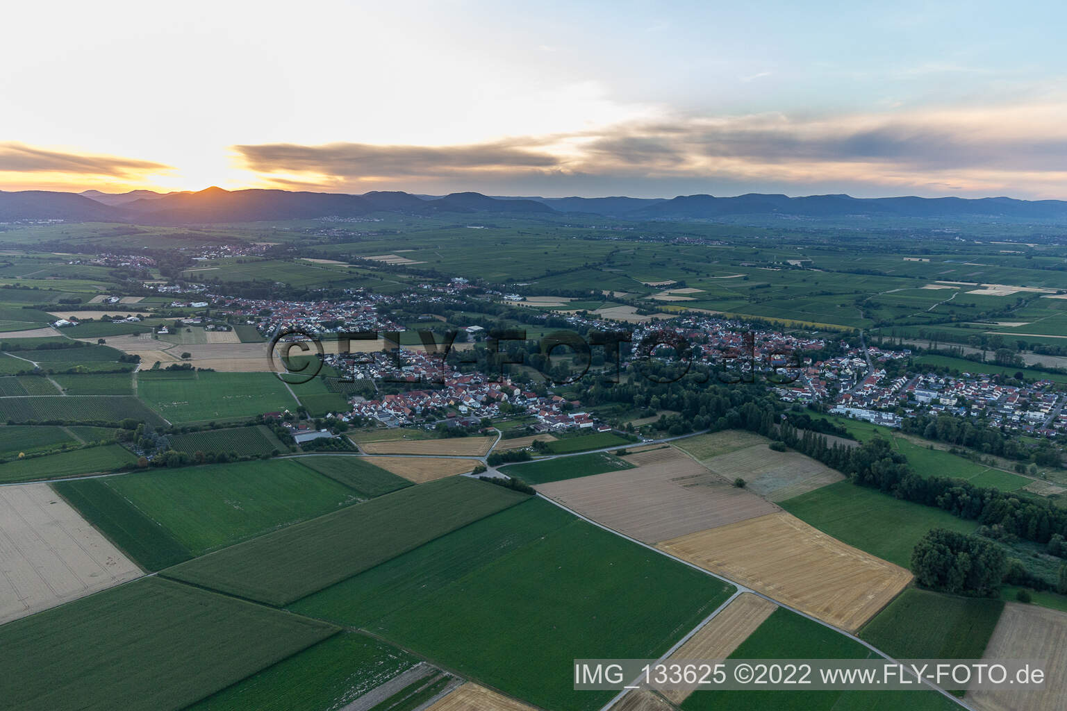 Aerial view of Sunset in the district Billigheim in Billigheim-Ingenheim in the state Rhineland-Palatinate, Germany
