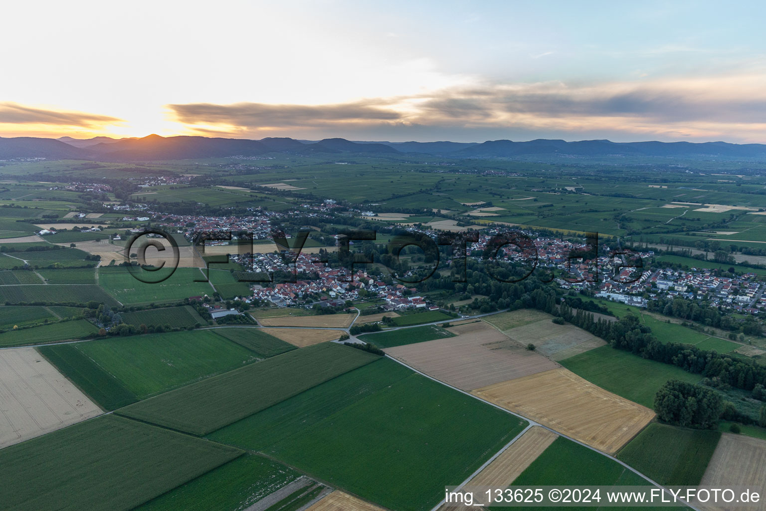 Aerial view of Sunset in the district Billigheim in Billigheim-Ingenheim in the state Rhineland-Palatinate, Germany