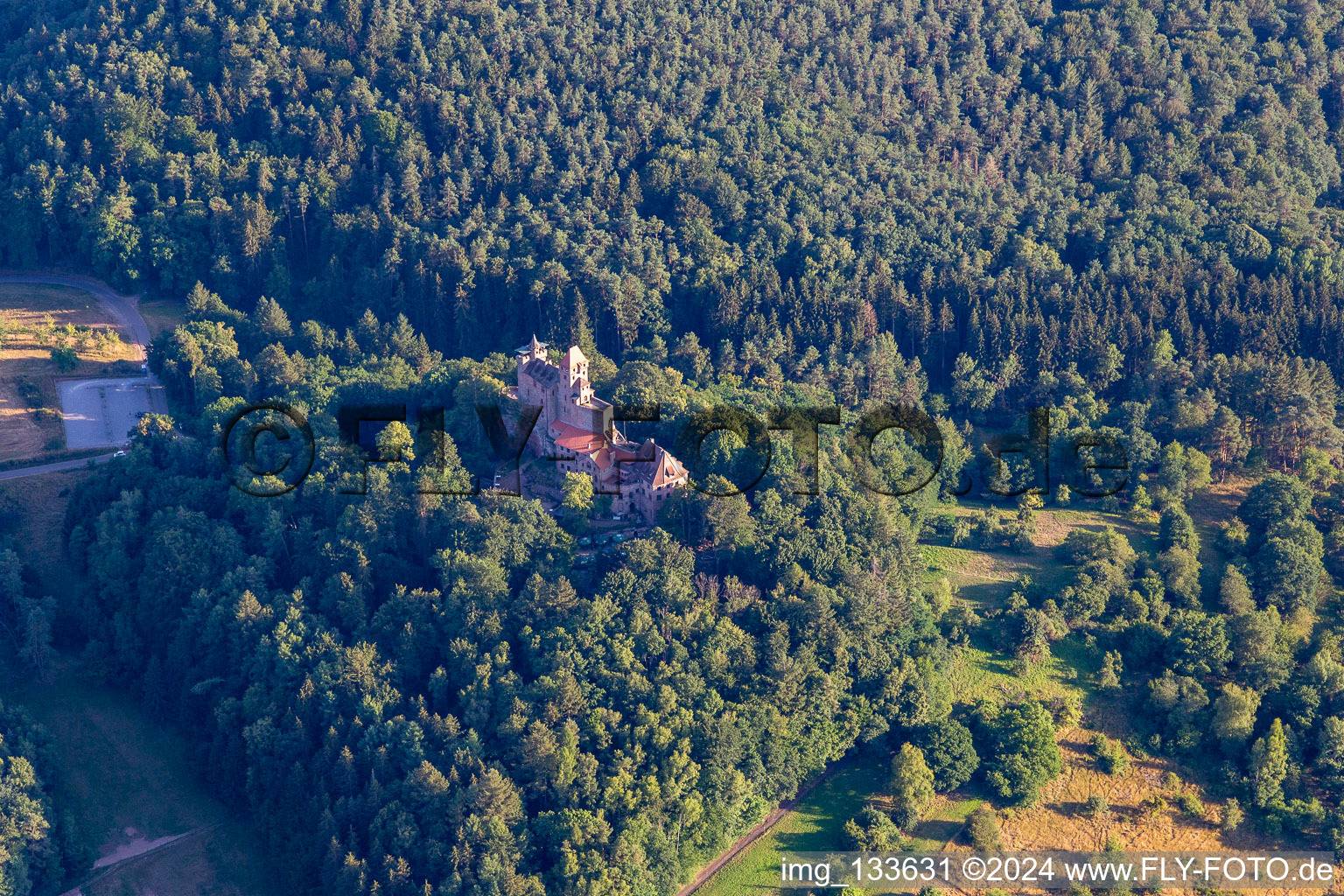 Berwartstein Castle in Erlenbach bei Dahn in the state Rhineland-Palatinate, Germany seen from above