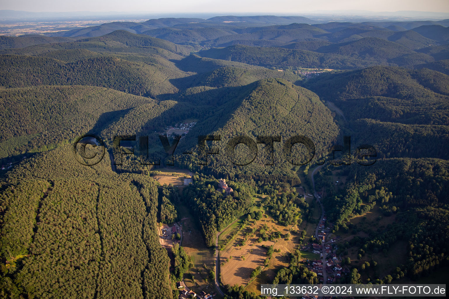 Berwartstein Castle in Erlenbach bei Dahn in the state Rhineland-Palatinate, Germany from the plane