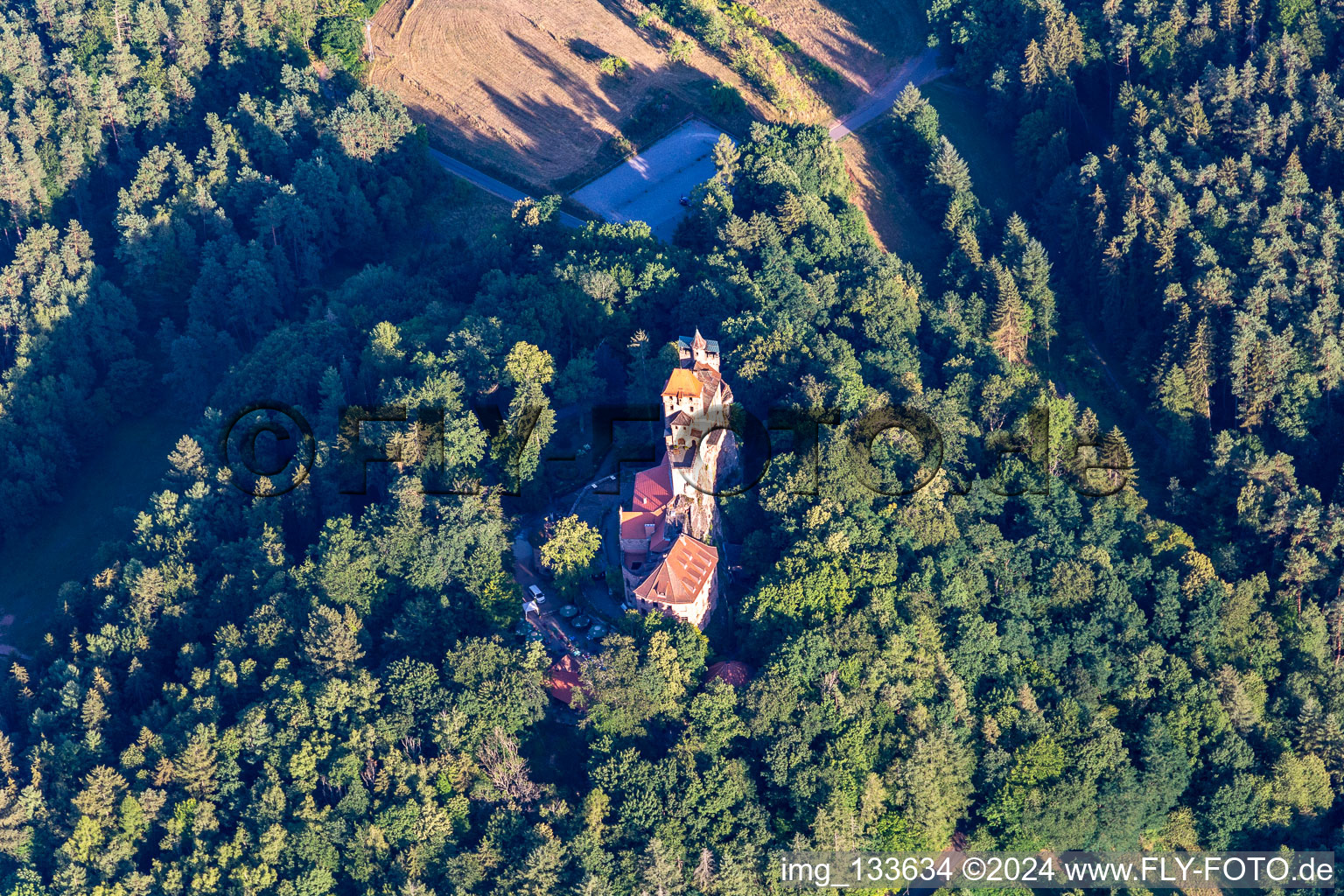 Berwartstein Castle in Erlenbach bei Dahn in the state Rhineland-Palatinate, Germany viewn from the air