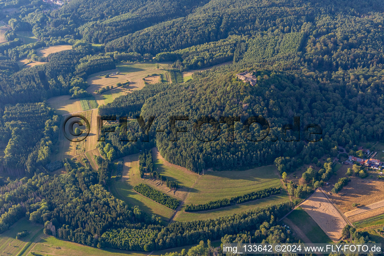 Lindelbrunn castle ruins in Vorderweidenthal in the state Rhineland-Palatinate, Germany out of the air