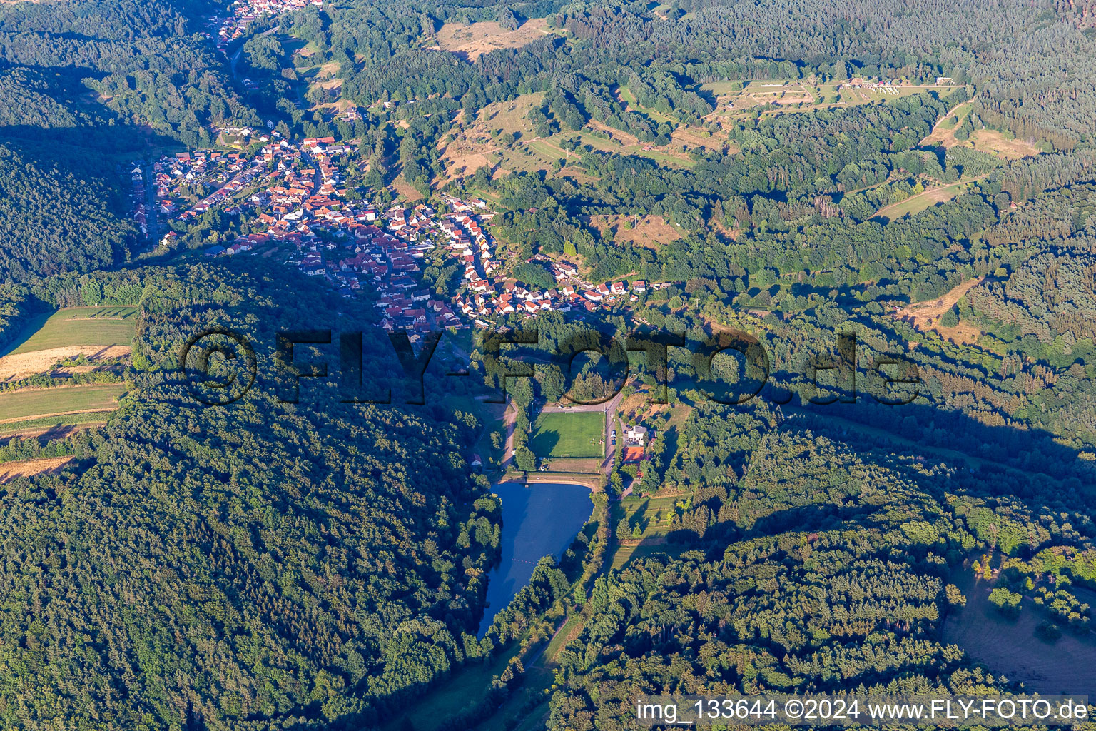 Aerial view of SV Silz behind Lake Silz in Silz in the state Rhineland-Palatinate, Germany