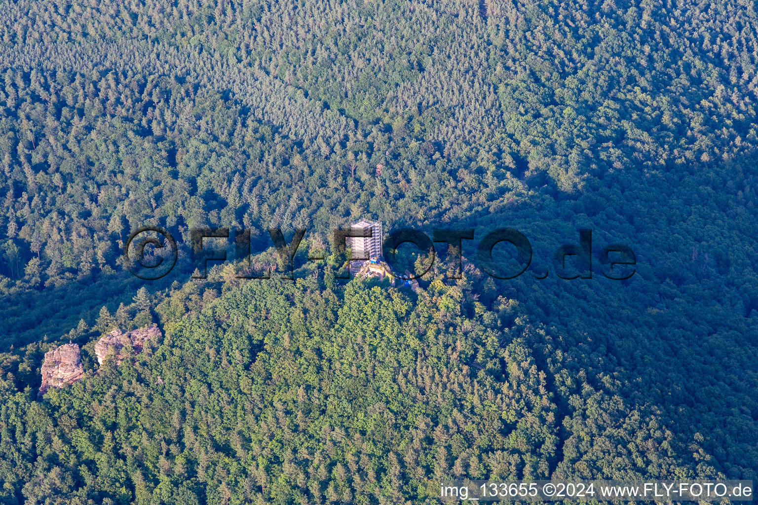 Scharfenberg castle ruins with scaffolding in Leinsweiler in the state Rhineland-Palatinate, Germany