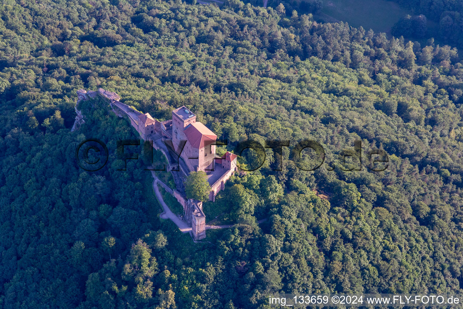 Trifels Castle in Annweiler am Trifels in the state Rhineland-Palatinate, Germany from the plane