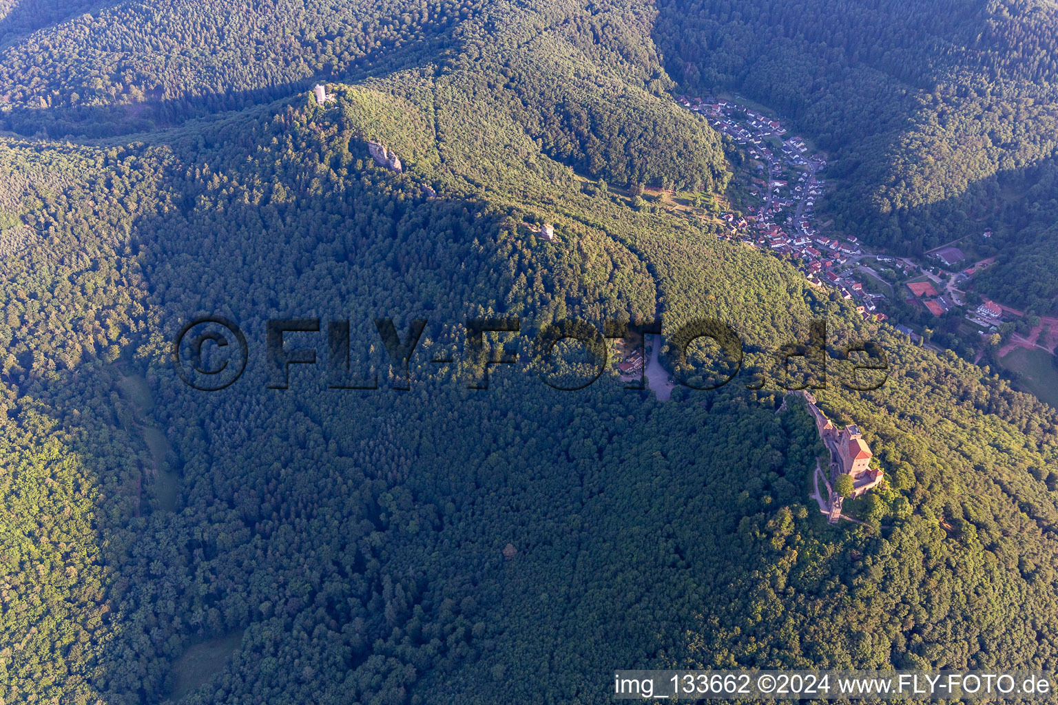 Aerial view of The 3 castles Trifels, Anebos and Münz in Annweiler am Trifels in the state Rhineland-Palatinate, Germany