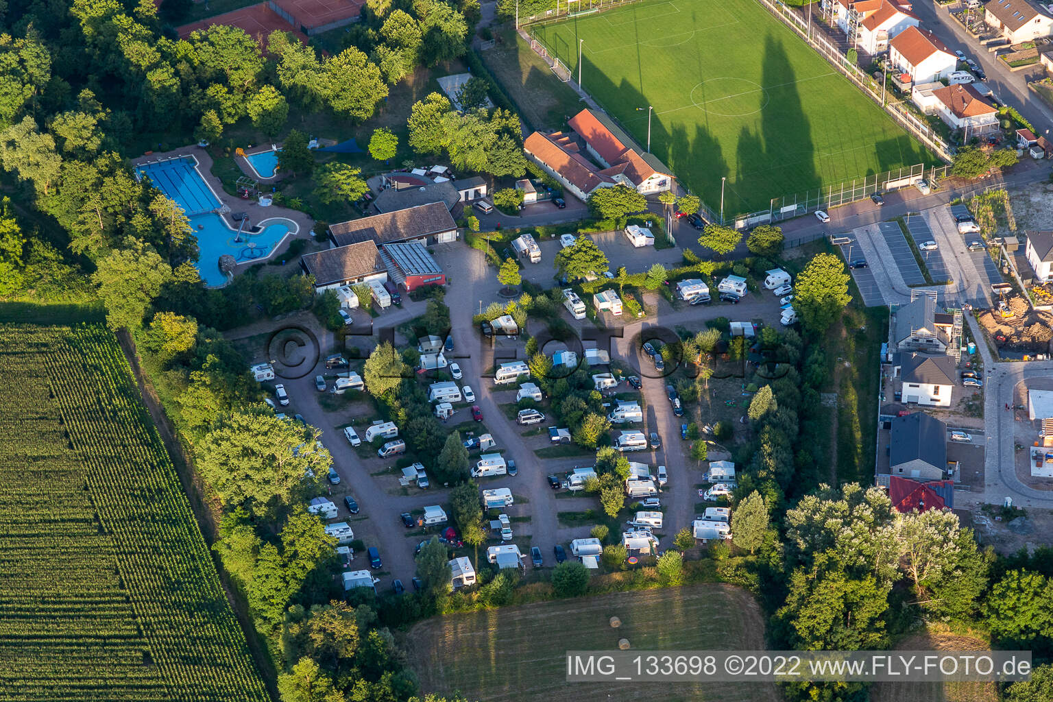 Aerial view of Camping in the Klingbachtal in the district Ingenheim in Billigheim-Ingenheim in the state Rhineland-Palatinate, Germany