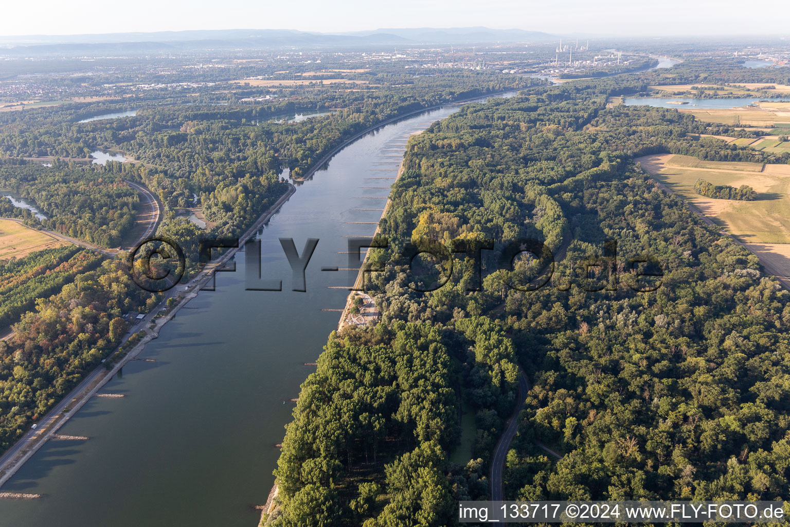Aerial view of Dry groynes in the Rhine at low water in Leimersheim in the state Rhineland-Palatinate, Germany