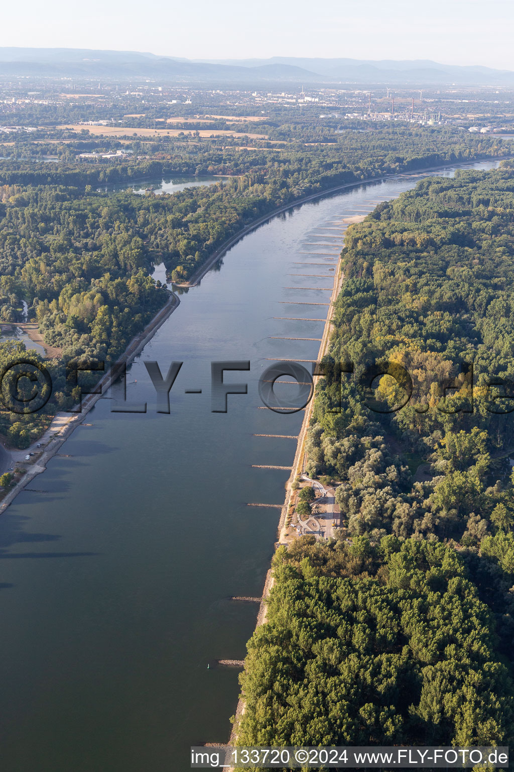 Aerial photograpy of Dry groynes in the Rhine at low water in Leimersheim in the state Rhineland-Palatinate, Germany