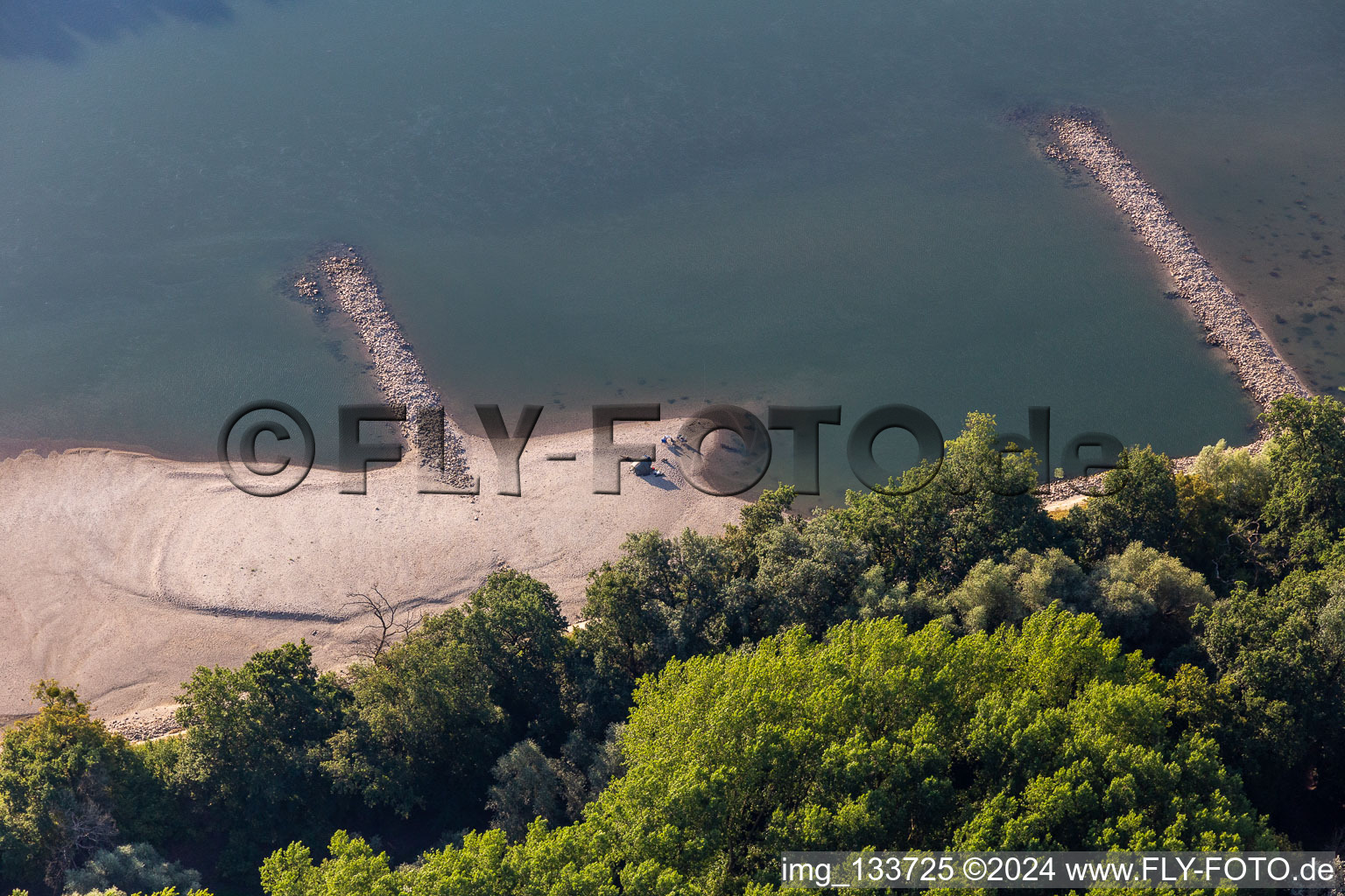 Aerial view of Dry groynes and sand banks in the Rhine due to low water in Neupotz in the state Rhineland-Palatinate, Germany