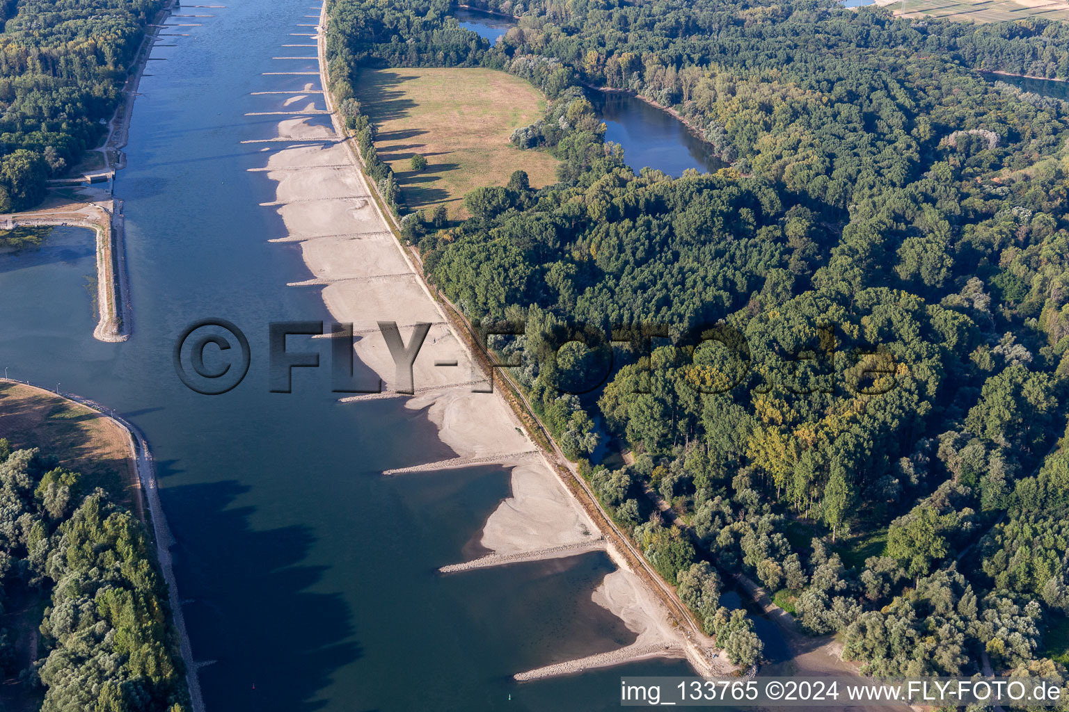 Aerial view of Dry groynes and sand banks in the Rhine due to low water in the district Maximiliansau in Wörth am Rhein in the state Rhineland-Palatinate, Germany