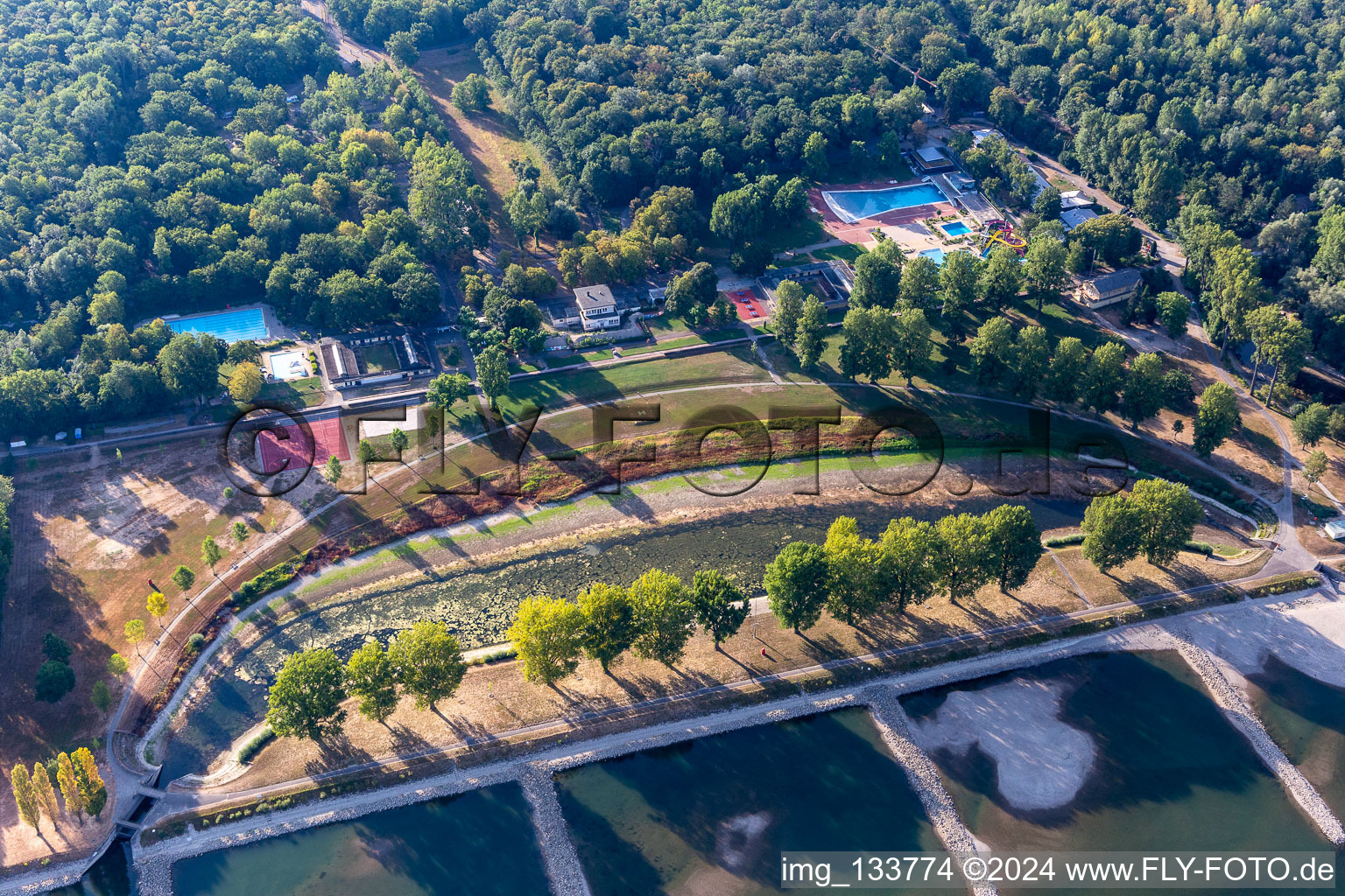 Aerial photograpy of Rhine beach Rappenwört in the district Daxlanden in Karlsruhe in the state Baden-Wuerttemberg, Germany