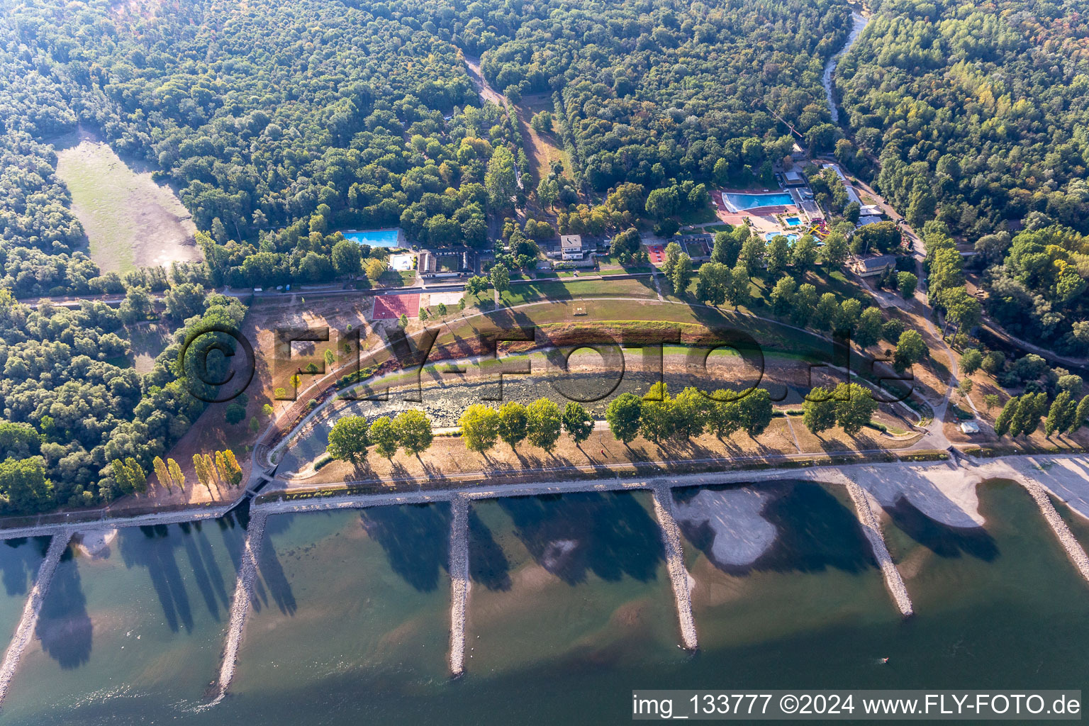 Rhine beach Rappenwört in the district Daxlanden in Karlsruhe in the state Baden-Wuerttemberg, Germany out of the air